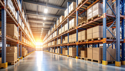 Industrial Panorama: A stunning wide-angle shot of an immense warehouse, its expansive aisles lined with towering shelves laden with neatly stacked boxes, illuminated by the bright.