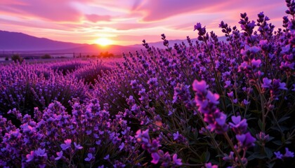 Vibrant Lavender Field Under Colorful Sunset Sky in Rural Landscape