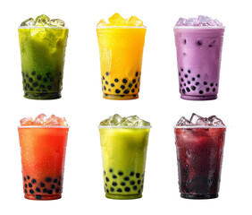 Set of colorful gradient bubble tea drinks with ice and tapioca pearls.