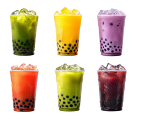Set of colorful gradient bubble tea drinks with ice and tapioca pearls.