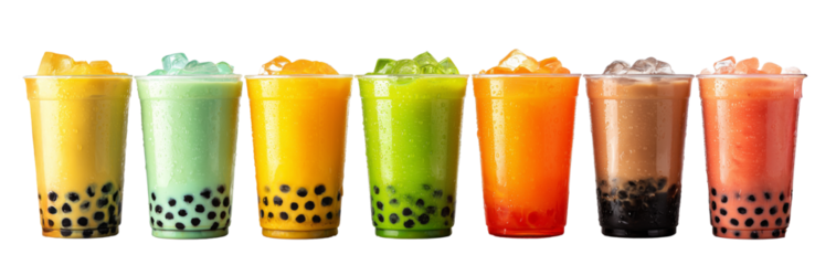 Row of multicolored bubble teas with ice cubes in plastic cups with tapioca pearls.