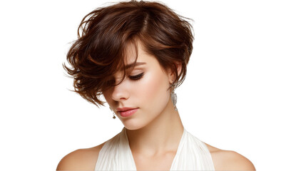 Fototapeta premium Beautiful model with a chic short hairstyle, wearing an elegant white outfit, posing gracefully against a transparent background, ideal for various fashion and beauty projects