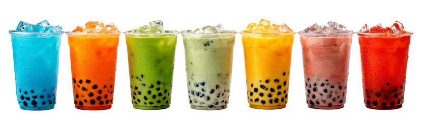 Colorful set of bubble tea drinks with ice and tapioca pearls, isolated on white.