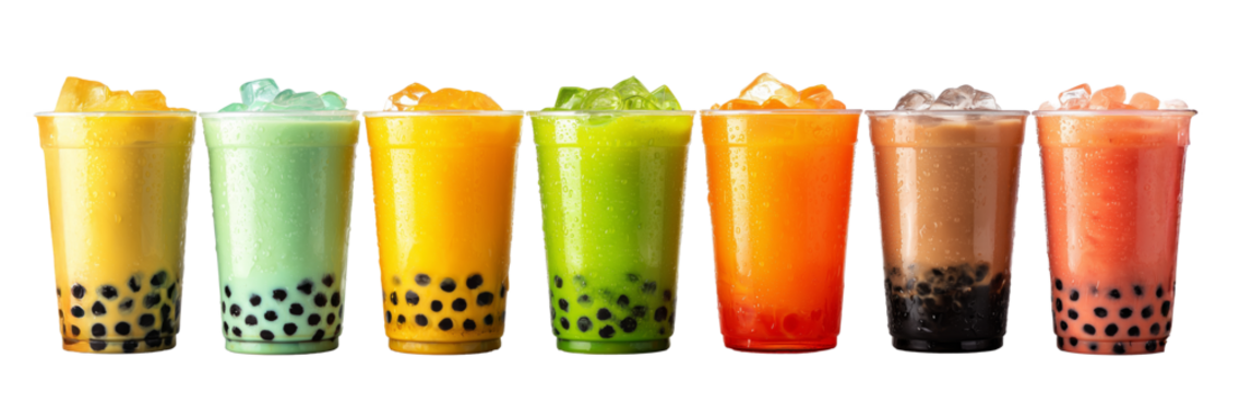 Row of multicolored bubble teas with ice cubes in plastic cups with tapioca pearls.