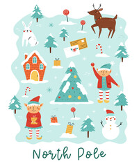Cute Christmas Village Vector Illustration with Santa Characters, Winter Animals, Festive Trees and Holiday Elements