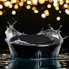 Splashing Water Around Black Plate with Bokeh Lights