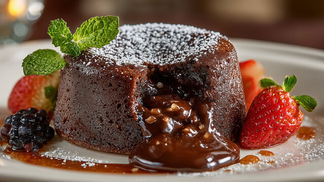 A rich chocolate lava cake with its center sliced open, revealing molten chocolate oozing out, sits elegantly on a grand table, capturing indulgence, texture, and dessert perfection.