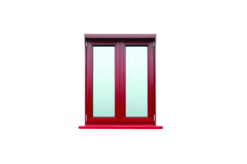 Red framed window with frosted glass panels stands isolated on transparency background, showcasing modern and sleek design. vibrant color adds bold touch to minimalist style