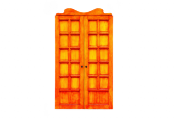 Vibrant wooden double door with decorative top and square panel design, showcasing warm orange and yellow color scheme, perfect for adding rustic charm to any space