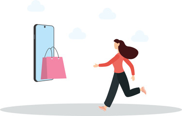 buying recycling eco friendly clothes and textile consciously. woman chooses dress and bag online.flat character life .