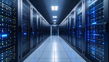 Data Center: Immersive perspective into a state-of-the-art data center, a symphony of technology and the heart of modern data processing and storage.