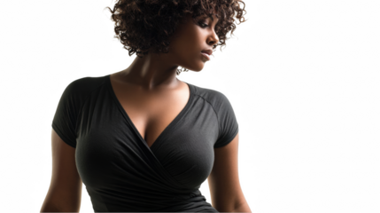 Studio shot of a plus size fashion model wearing a stylish dark dress, confidently posing against a transparent background, showcasing her beauty and poise