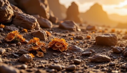 Scenic Desert Landscape with Vibrant Wildflowers and Rocks at Sunset Casting Warm Glows