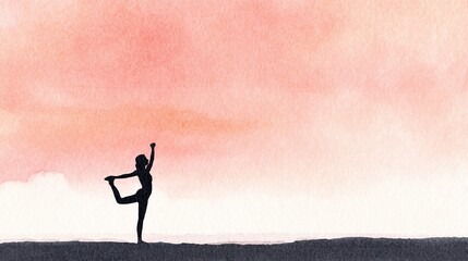 Early morning yoga silhouette by the sea, with soft gradient sky, minimalist composition, watercolor effect, white space emphasis.