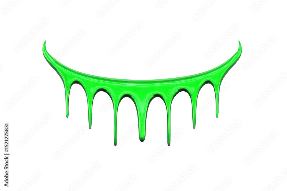Poster vibrant green slime drips in curved, smile like shape against transparency background, creating play