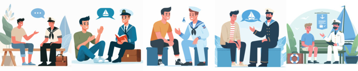 vector young man talking to sailor