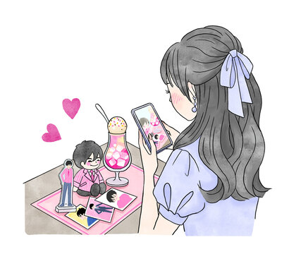 カフェで推しぬいの写真を撮る推し活をする女性のイラスト