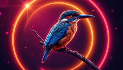 Fototapeta premium Colorful Kingfisher Bird Perched on a Branch with a Vibrant Glow in Nature