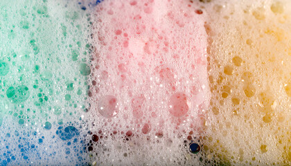 Colorful Soap Suds: A close-up shot of vibrant, multicolored soap suds creates a visually dynamic texture of bubbles and iridescent hues.