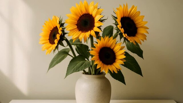 A close-up video still of vibrant sunflowers in a vase, captured from a side angle, highlighting their bright petals against a soft, neutral background. Live desktop wallpaper.
