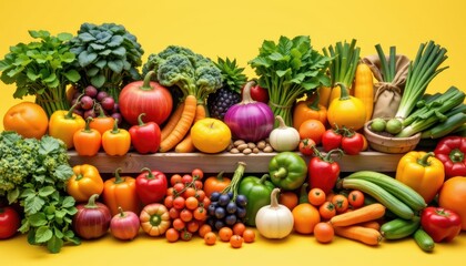 Vibrant Display of Fresh Fruits and Vegetables on a Bright Yellow Background
