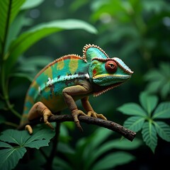 Obraz premium Colorful Chameleon Resting on Branch Amidst Lush Green Foliage Close Up