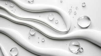 Droplets on fluid white surface minimalist photography abstract art clean aesthetic horizontal viewpoint