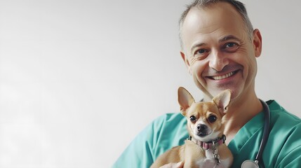 Smiling veterinarian holding chihuahua dog pet animal care professional vet clinic examination service