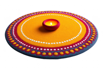 Vibrant rangoli design with intricate patterns surrounds lit candle, creating warm and festive atmosphere. colorful artwork features concentric circles in yellow, red, and blue