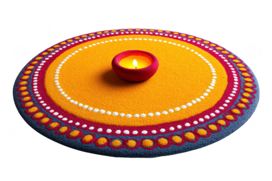 Vibrant rangoli design with intricate patterns surrounds lit candle, creating warm and festive atmosphere. colorful artwork features concentric circles in yellow, red, and blue