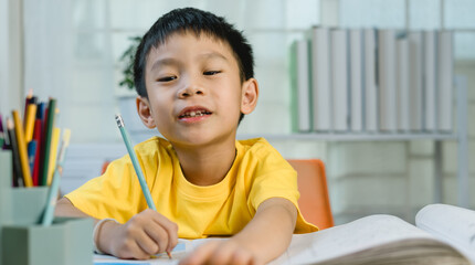 Asian boy aged 6-8 years old studying at home and doing homework. Happy boy studying online with laptop at home. New way to study at home. Social distancing. © Father_Studio