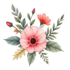 Obraz premium Pink and Red Watercolor Flower Bouquet with Green Leaves on Transparent Background