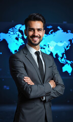 A Latinx male business leader in a sharp grey suit, his arms crossed in front of a digital world map
