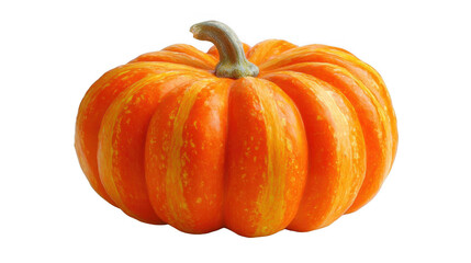 Ripe orange pumpkin with yellow stripes, freshly harvested and ready for halloween carving or autumn decoration, isolated on a transparent background for easy integration into designs