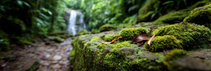 mossy rock surface with blurred waterfall in rainforest background