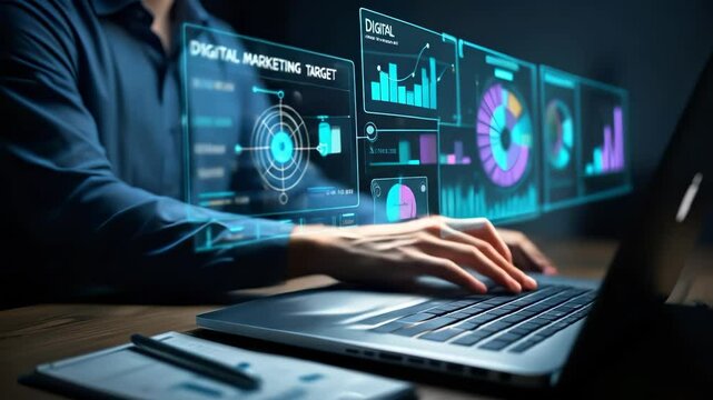 Digital marketing analyst uses a laptop to track target audience data on a futuristic analytics dashboard. Business strategy and technology concept. 4K video animation.  - Powered by Adobe