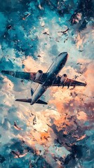 Obraz premium Airplane amidst a vibrant sky filled with birds.