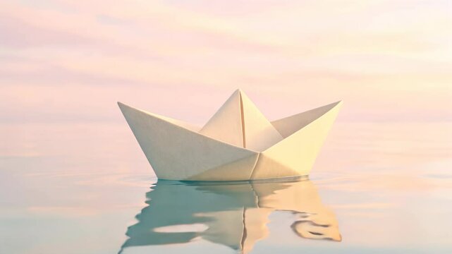 A serene video scene of a paper boat floating on calm water at sunset. Captured from a low angle, highlighting the soft pastel colors and tranquility. Live desktop wallpaper.