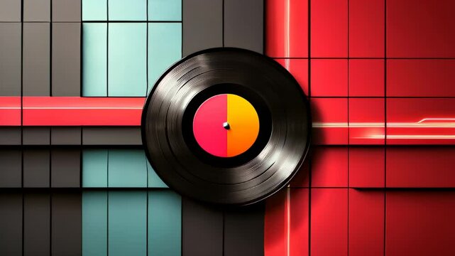 Record on a wall with a red and blue background