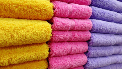 Colorful Stacked Towels: Vibrant stacks of soft, fluffy towels in cheerful shades create a welcoming display of home comfort.