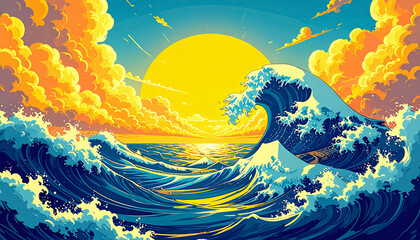 Ocean's Embrace: A breathtaking depiction of the ocean's raw power, with towering waves crashing beneath a radiant sun. The vibrant colors and dynamic composition evoke a sense of awe and serenity.