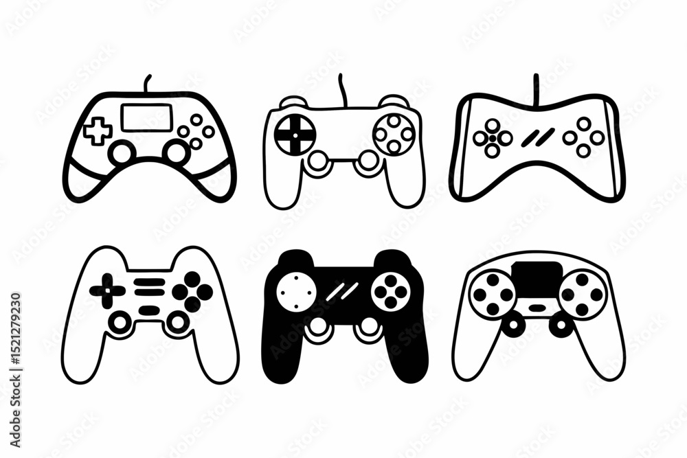 Poster six stylish game controller icons perfect for gaming logos branding design projects needing scalable