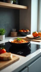 A modern induction cooker sits on a sleek countertop, ready to prepare a delicious meal indoors Clean lines, minimalist design, culinary preparation , modern kitchen, home chef