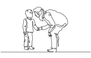 Mother with child. Teacher with a baby in kindergarten. Teacher with student in elementary school. One continuous line . Line art. Minimal single line .White background. One line drawing. See Less