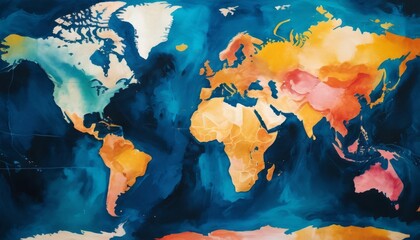Colorful Artistic World Map with Vibrant Watercolor Style for Educational and Decorative Purposes