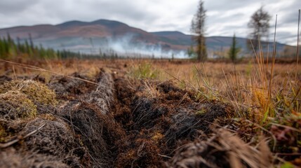 Fototapeta premium peat moss surface with bog and distant misty hills blurred
