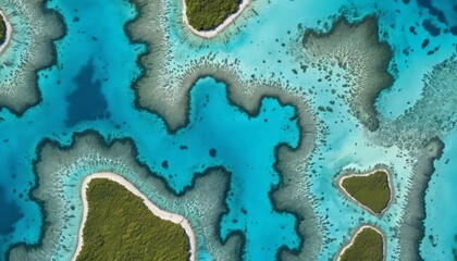 Aerial View of Turquoise Water Surrounding Lush Green Islands in Coral Reef, Perfect for Island Paradise Imagery