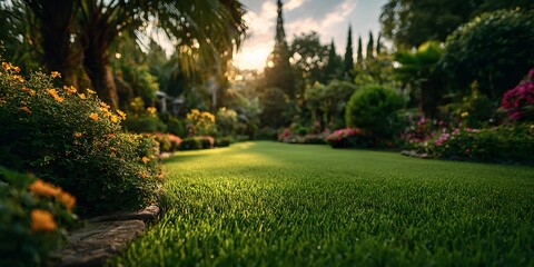 Obraz premium Beautiful, sun-drenched green lawn in a well-kept garden is bathed in warm, golden sunlight. Neatly cut grass creates an open, inviting expanse of space.