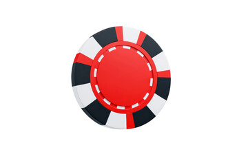 Red and black poker chip with white border is depicted, symbolizing gambling and casino games. chip is isolated on transparency background, emphasizing its design and color contrast