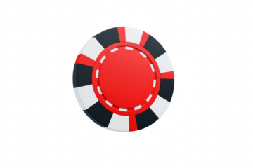 Red and black poker chip with white border is depicted, symbolizing gambling and casino games. chip is isolated on transparency background, emphasizing its design and color contrast